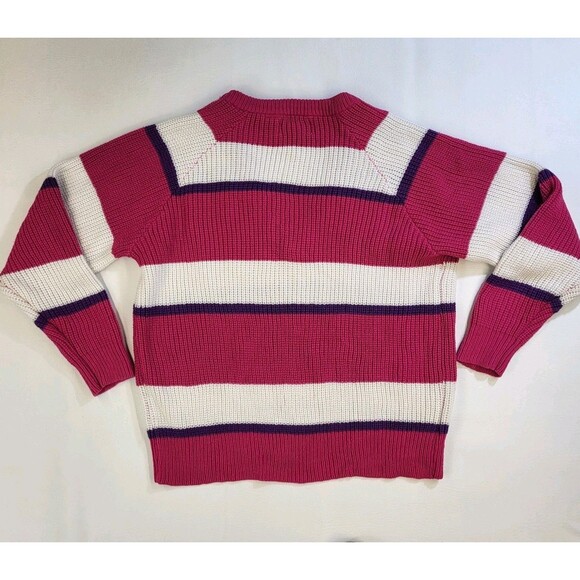 Vtg V-Neck Pink White Striped Sweater Women M Retro Sky Blue Waters Acrylic 80s - Picture 3 of 6